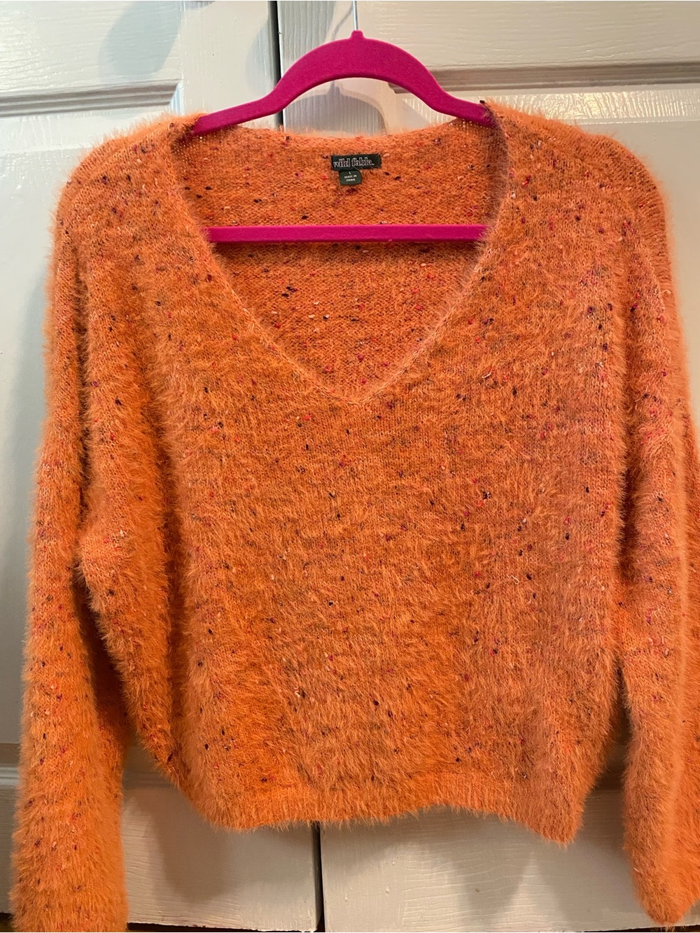 wild fable Salmon/Peachy Fuzzy V-Neck Sweater with Multicolor Flecks